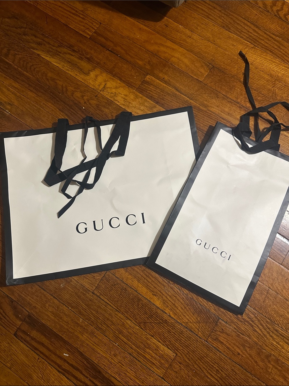 Gucci White and Black Logo Shopping Bags - Pair With Gucci Gross Grain Ribbon